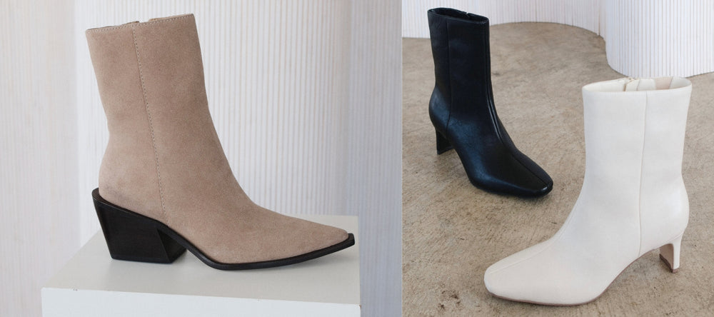 Three pairs of boots in beige, black, and white on a neutral background