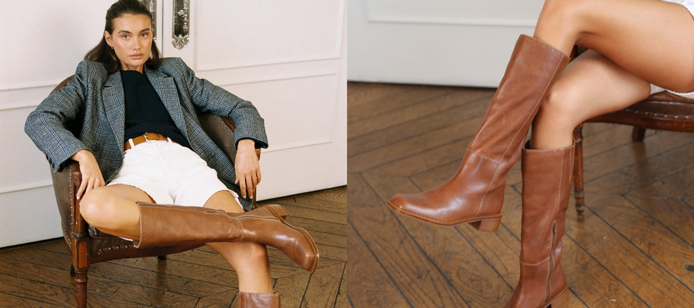 Woman sitting on a chair wearing brown knee-high boots, with a close-up of the boots on a wooden floor.
