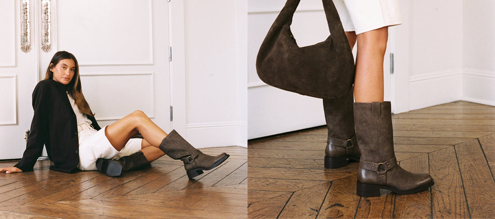 Woman sitting on the floor wearing brown boots, with a close-up of the boots on a wooden floor.