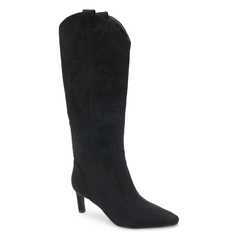 Abrams Western Boot – Coconuts by Matisse – Tall vegan suede boot in black with western-inspired stitching, pointed toe, and slim high heel.
