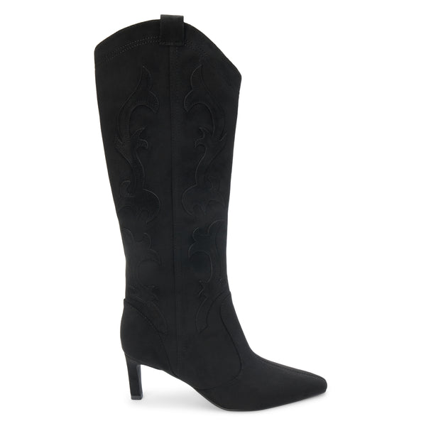 Abrams Western Boot – Coconuts by Matisse – Tall vegan suede boot in black with western-inspired stitching, pointed toe, and slim high heel.