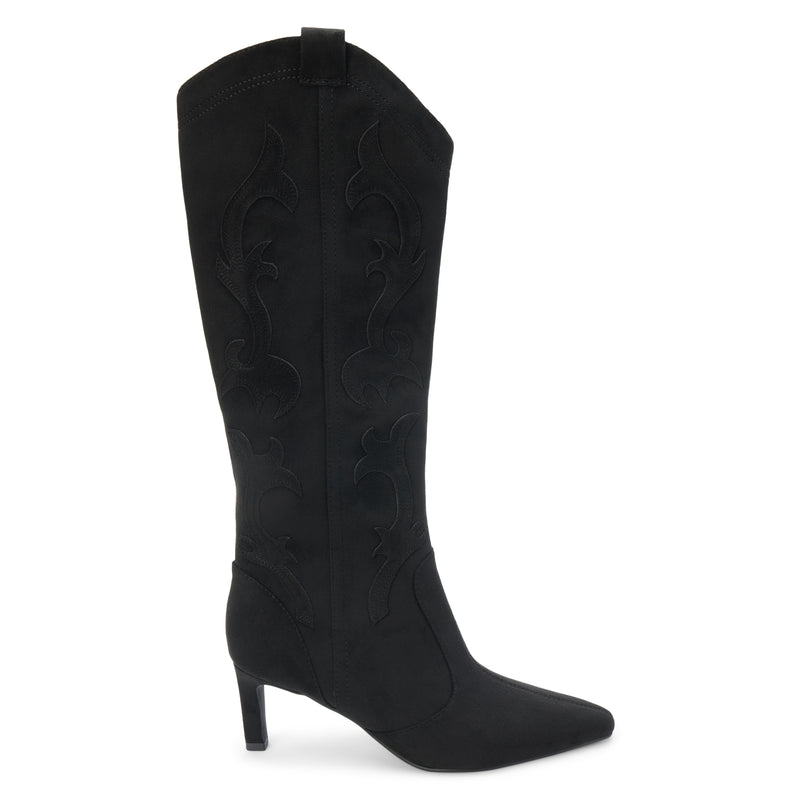Abrams Western Boot – Coconuts by Matisse – Tall vegan suede boot in black with western-inspired stitching, pointed toe, and slim high heel.