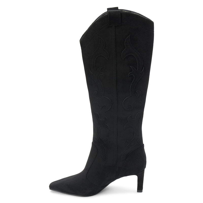 Abrams Western Boot – Coconuts by Matisse – Tall vegan suede boot in black with western-inspired stitching, pointed toe, and slim high heel.