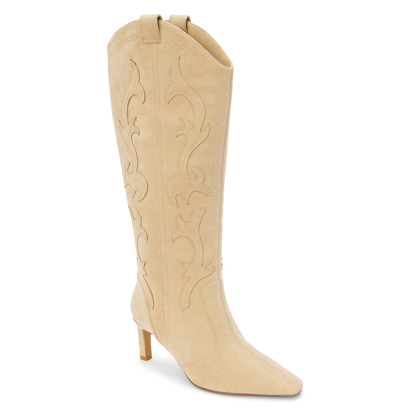Abrams Western Boot – Coconuts by Matisse – Tall vegan suede boot in a soft beige tone with western-inspired stitching, pointed toe, and slim high heel.