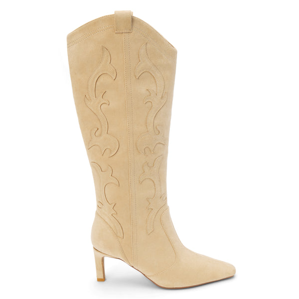 Abrams Western Boot – Coconuts by Matisse – Tall vegan suede boot in a soft beige tone with western-inspired stitching, pointed toe, and slim high heel.