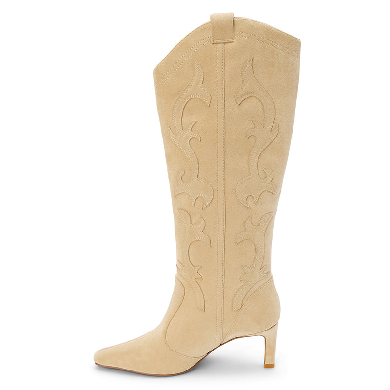 Abrams Western Boot – Coconuts by Matisse – Tall vegan suede boot in a soft beige tone with western-inspired stitching, pointed toe, and slim high heel.