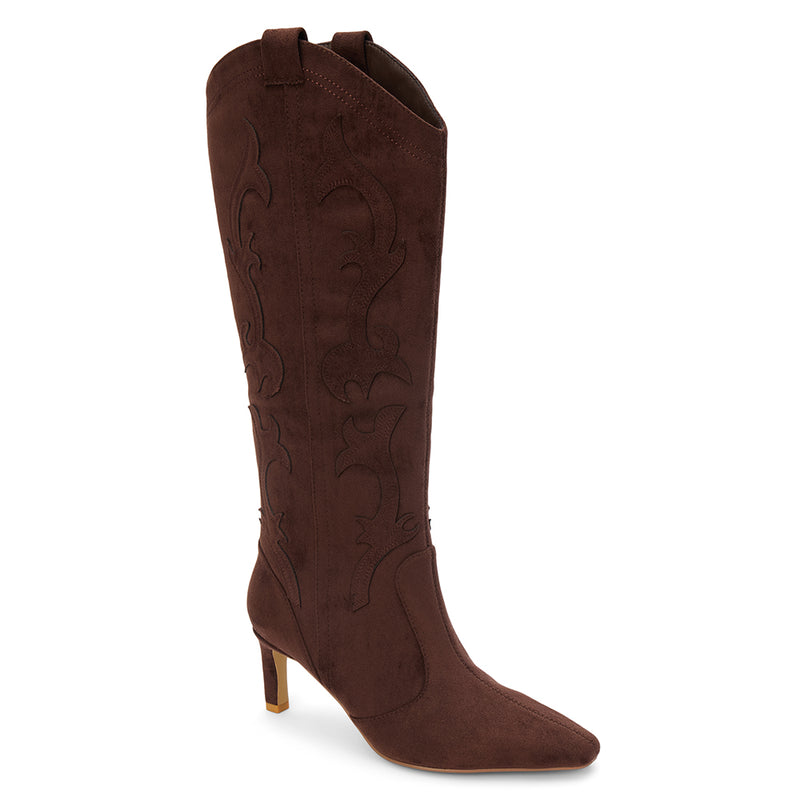 Abrams Western Boot – Coconuts by Matisse – Tall vegan suede boot in dark brown with western-inspired stitching, pointed toe, and slim high heel.