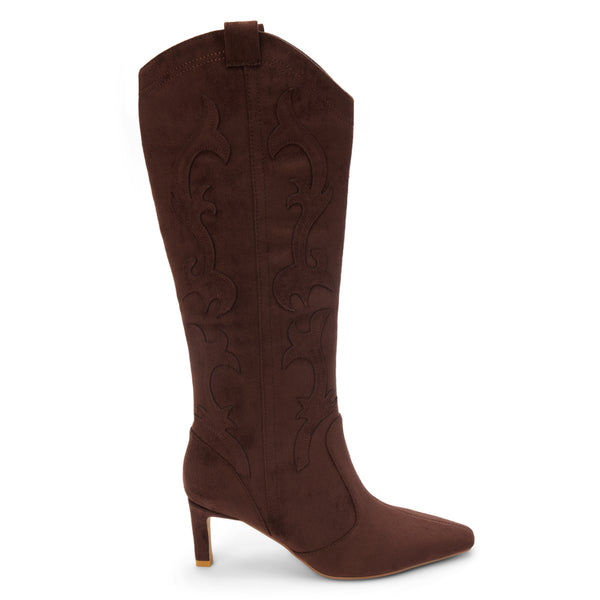 Abrams Western Boot – Coconuts by Matisse – Tall vegan suede boot in dark brown with western-inspired stitching, pointed toe, and slim high heel.