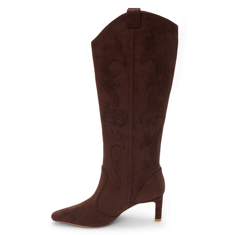 Abrams Western Boot – Coconuts by Matisse – Tall vegan suede boot in dark brown with western-inspired stitching, pointed toe, and slim high heel.