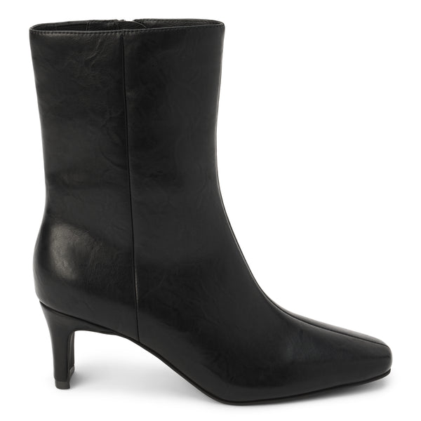 Adler Ankle Boot - Beach by Matisse - Black vegan leather ankle boot with a pointed toe, slim mid-heel, and minimalist silhouette.