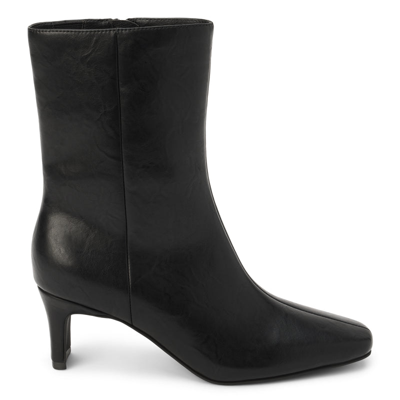 Adler Ankle Boot - Beach by Matisse - Black vegan leather ankle boot with a pointed toe, slim mid-heel, and minimalist silhouette.