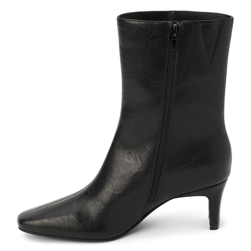 Adler Ankle Boot - Beach by Matisse - Black vegan leather ankle boot with a pointed toe, slim mid-heel, and minimalist silhouette.