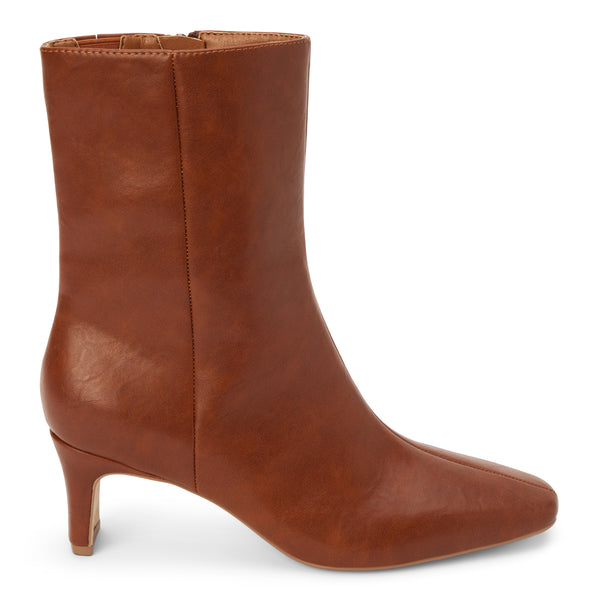 Adler Ankle Boot - Beach by Matisse - Chestnut brown vegan leather ankle boot with a pointed toe, slim mid-heel, and minimalist silhouette.