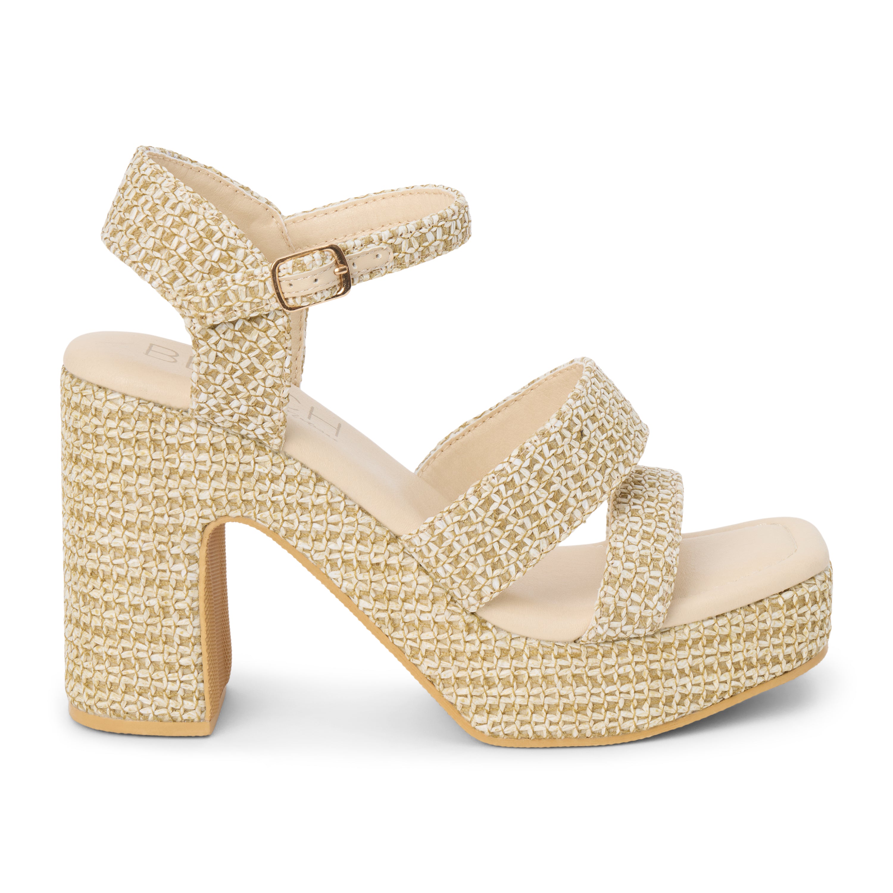 Beige platform heel sandal with woven vegan raffia texture, ankle strap, and chunky heel, shown on a white background.