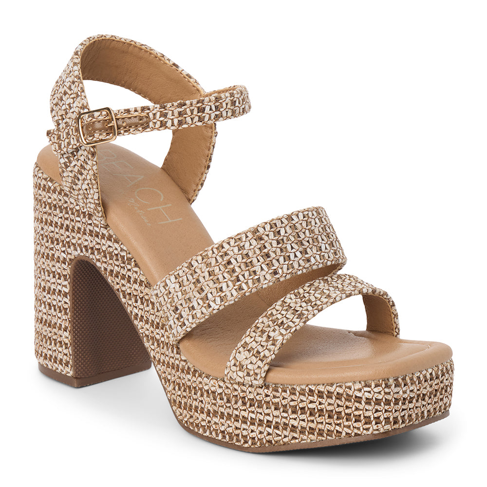 Brown platform heel sandal with woven vegan raffia texture, ankle strap, and chunky heel, shown on a white background.