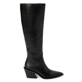 Black leather knee-high boot with a tall streamlined shaft, pointed toe, tonal stitching, and angled block heel shown on a white background.