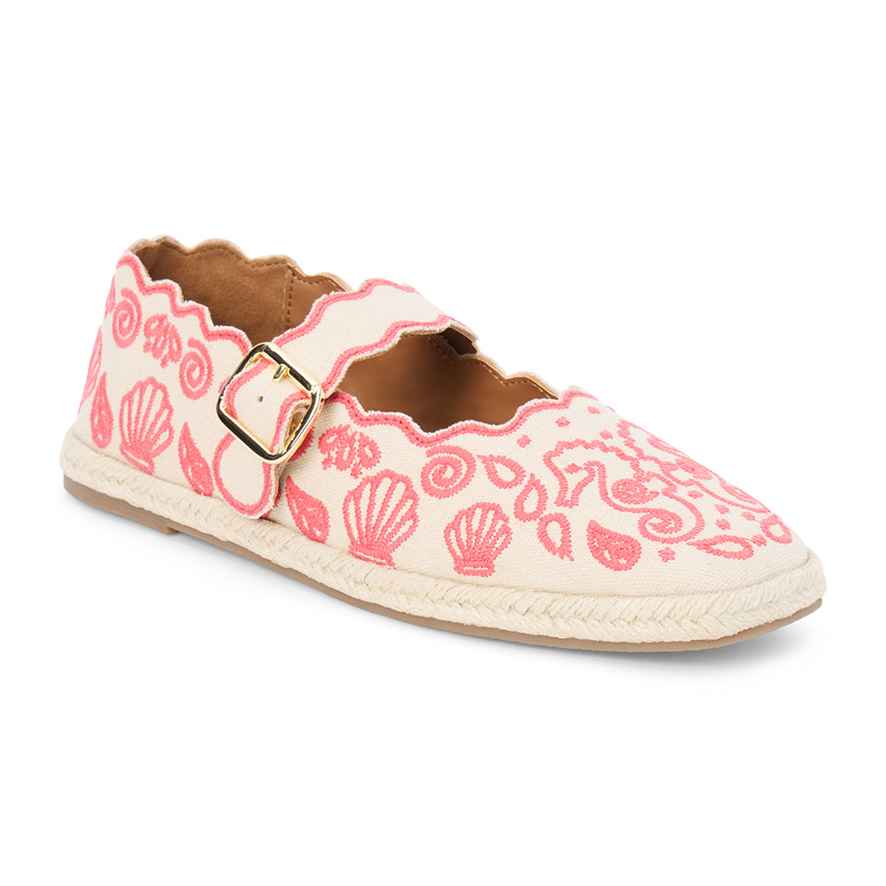 Red embroidered canvas flat with scalloped edges and buckle strap shown on a white background.