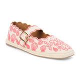 Red embroidered canvas flat with scalloped edges and buckle strap shown on a white background.