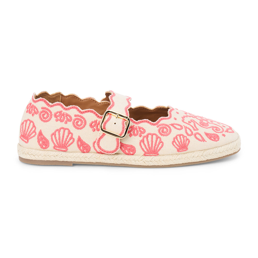 Red embroidered canvas flat with scalloped edges and buckle strap shown on a white background.