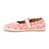 Red embroidered canvas flat with scalloped edges and buckle strap shown on a white background.