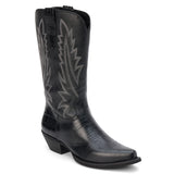 Black western boot with a mid-calf shaft, stitched detailing, pointed toe, textured leather foot, and angled heel, shown in a side profile on a white background.