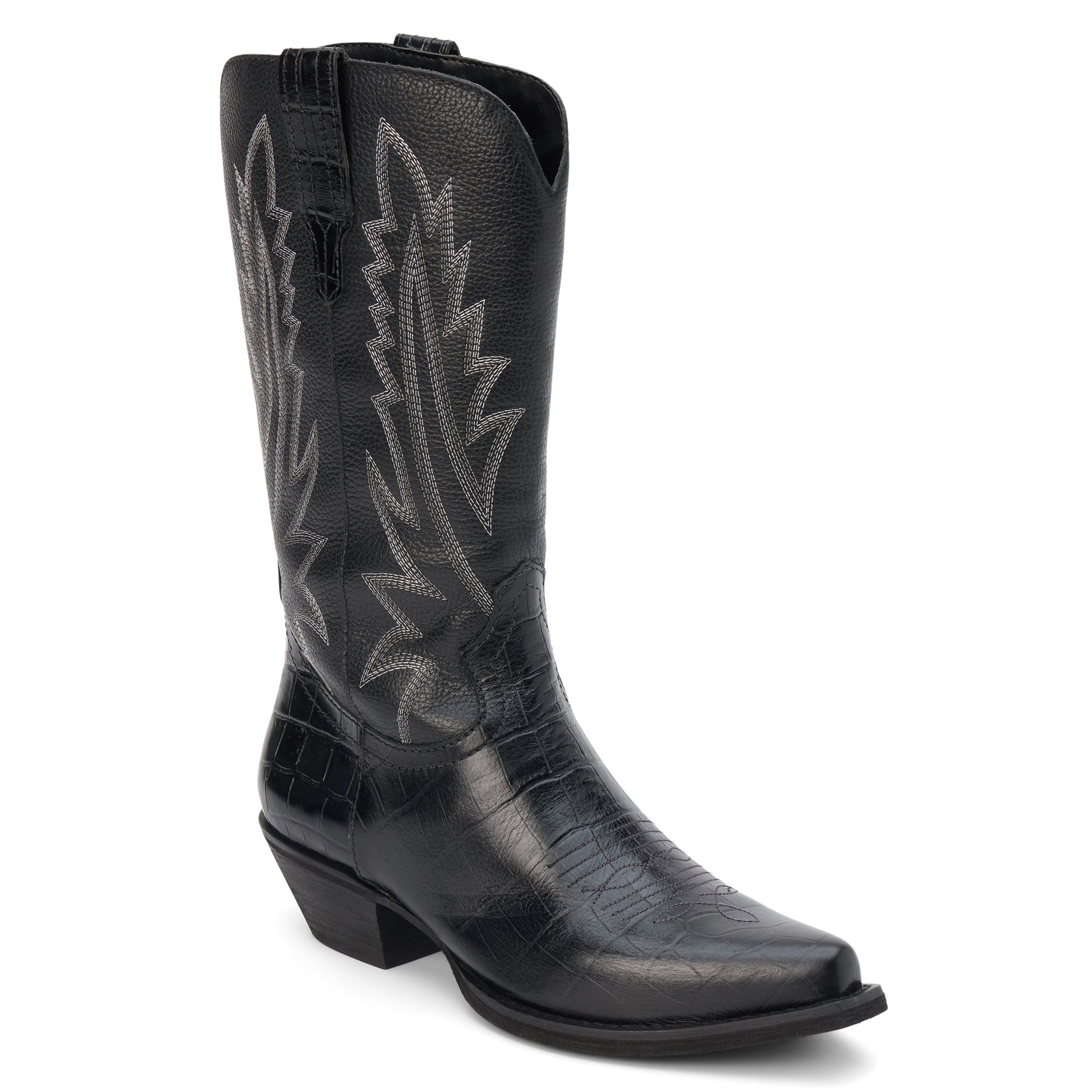Black western boot with a mid-calf shaft, stitched detailing, pointed toe, textured leather foot, and angled heel, shown in a side profile on a white background.