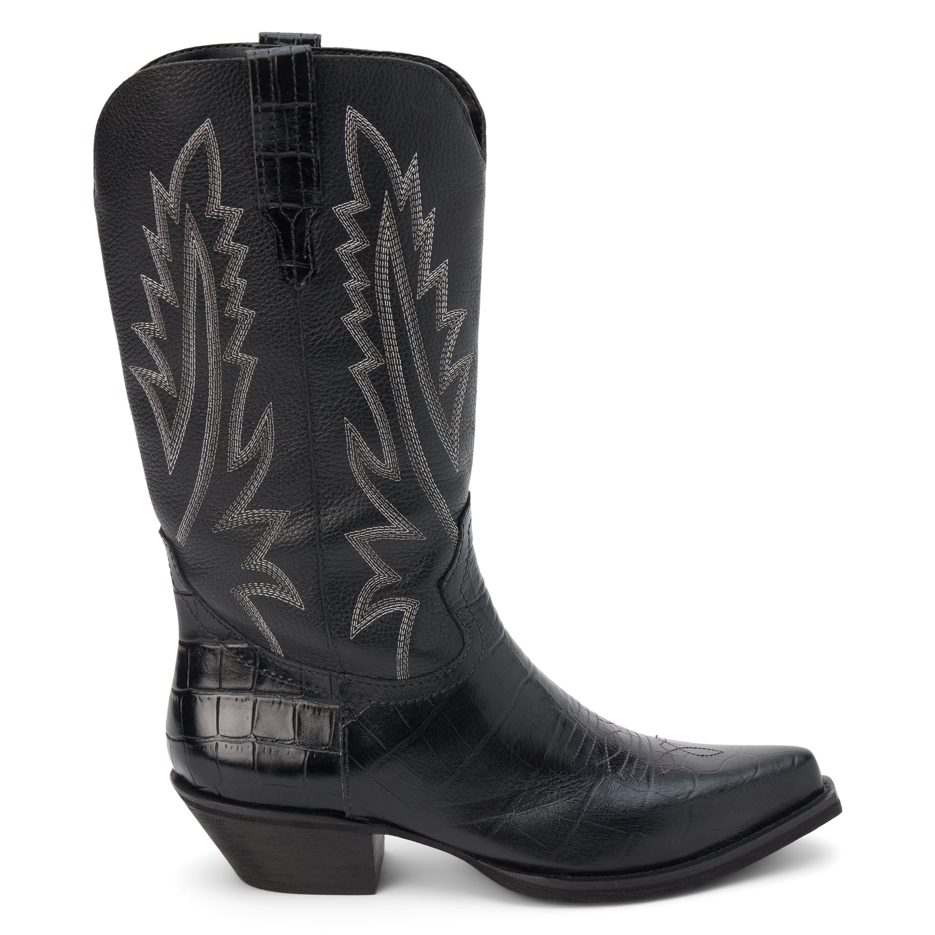 Black western boot with a mid-calf shaft, stitched detailing, pointed toe, textured leather foot, and angled heel, shown in a side profile on a white background.