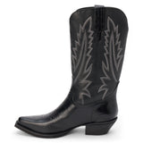 Black western boot with a mid-calf shaft, stitched detailing, pointed toe, textured leather foot, and angled heel, shown in a side profile on a white background.