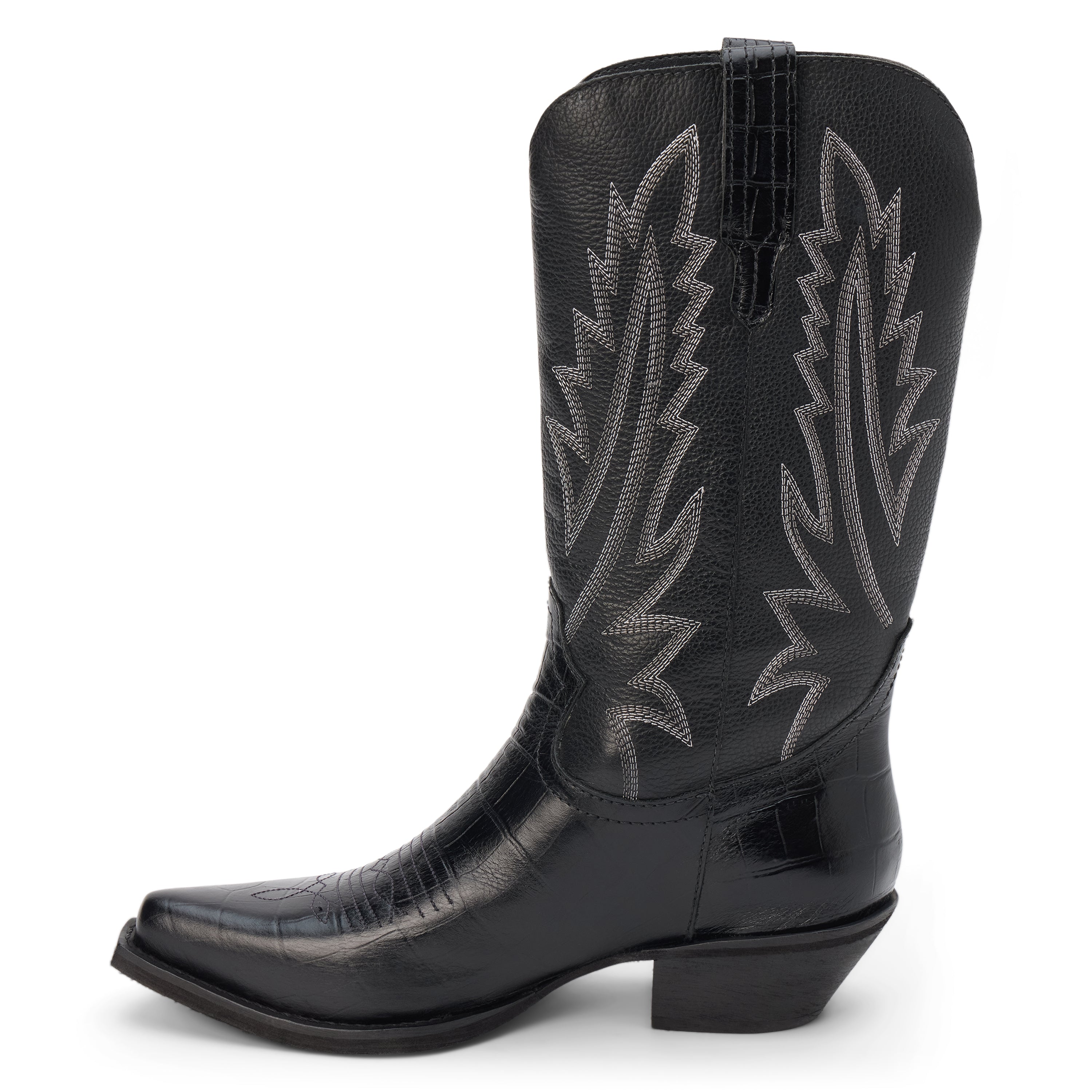 Black western boot with a mid-calf shaft, stitched detailing, pointed toe, textured leather foot, and angled heel, shown in a side profile on a white background.