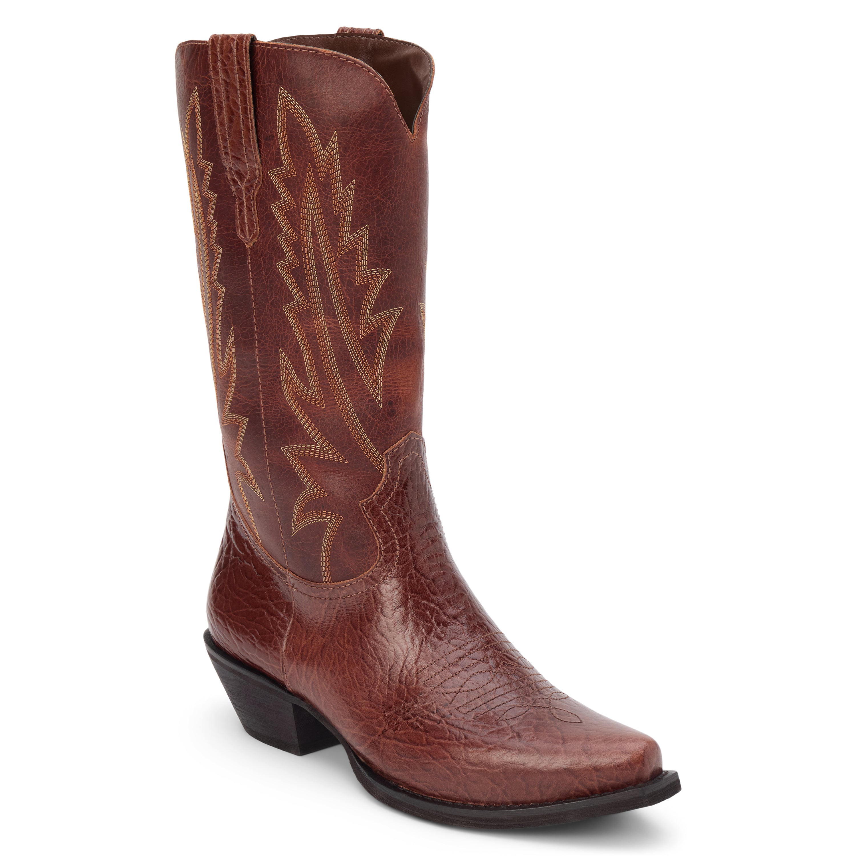 Brown leather western boot with a mid-calf shaft, stitched detailing, pointed toe, and angled heel, shown in a side profile on a white background.
