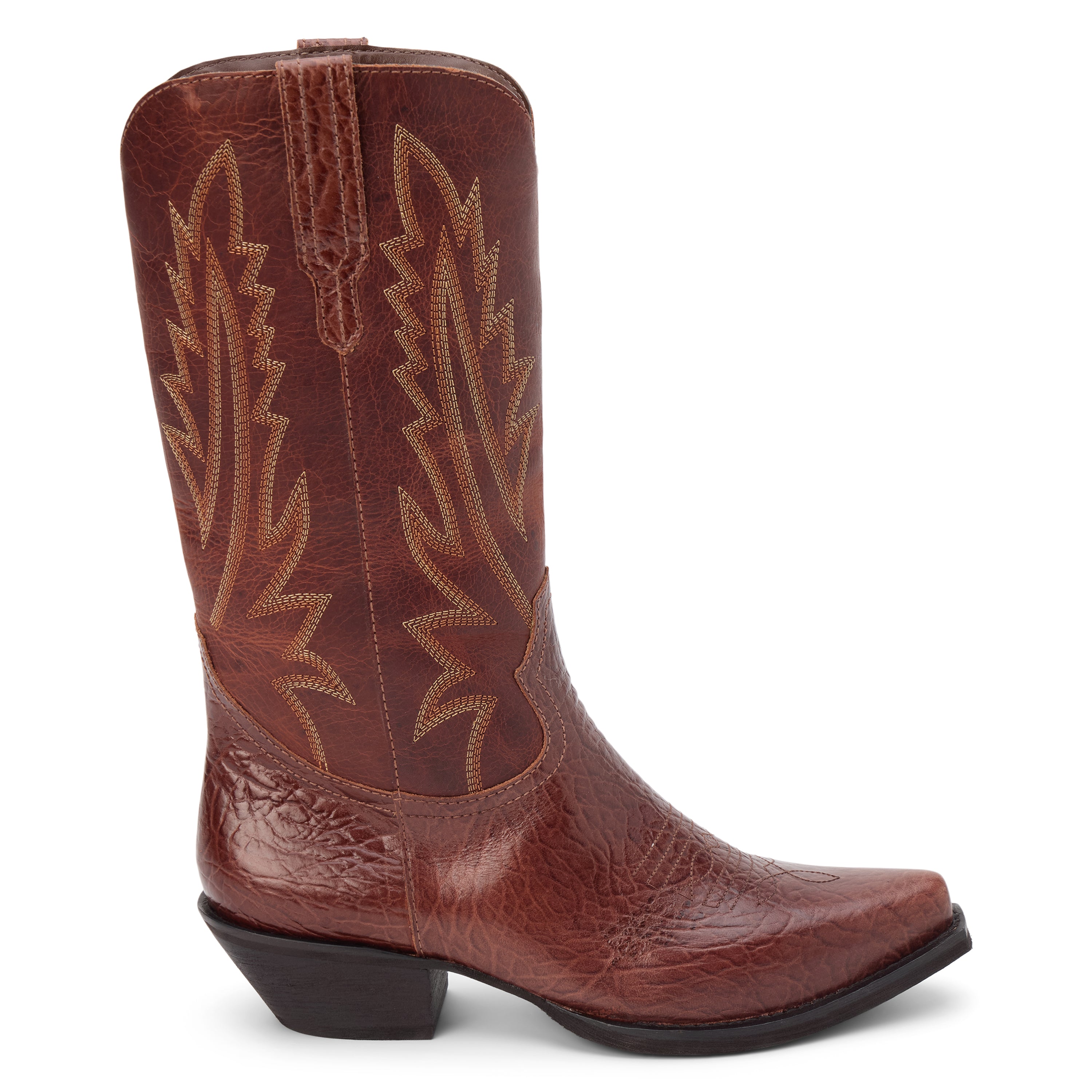 Brown leather western boot with a mid-calf shaft, stitched detailing, pointed toe, and angled heel, shown in a side profile on a white background.