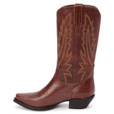 Brown leather western boot with a mid-calf shaft, stitched detailing, pointed toe, and angled heel, shown in a side profile on a white background.
