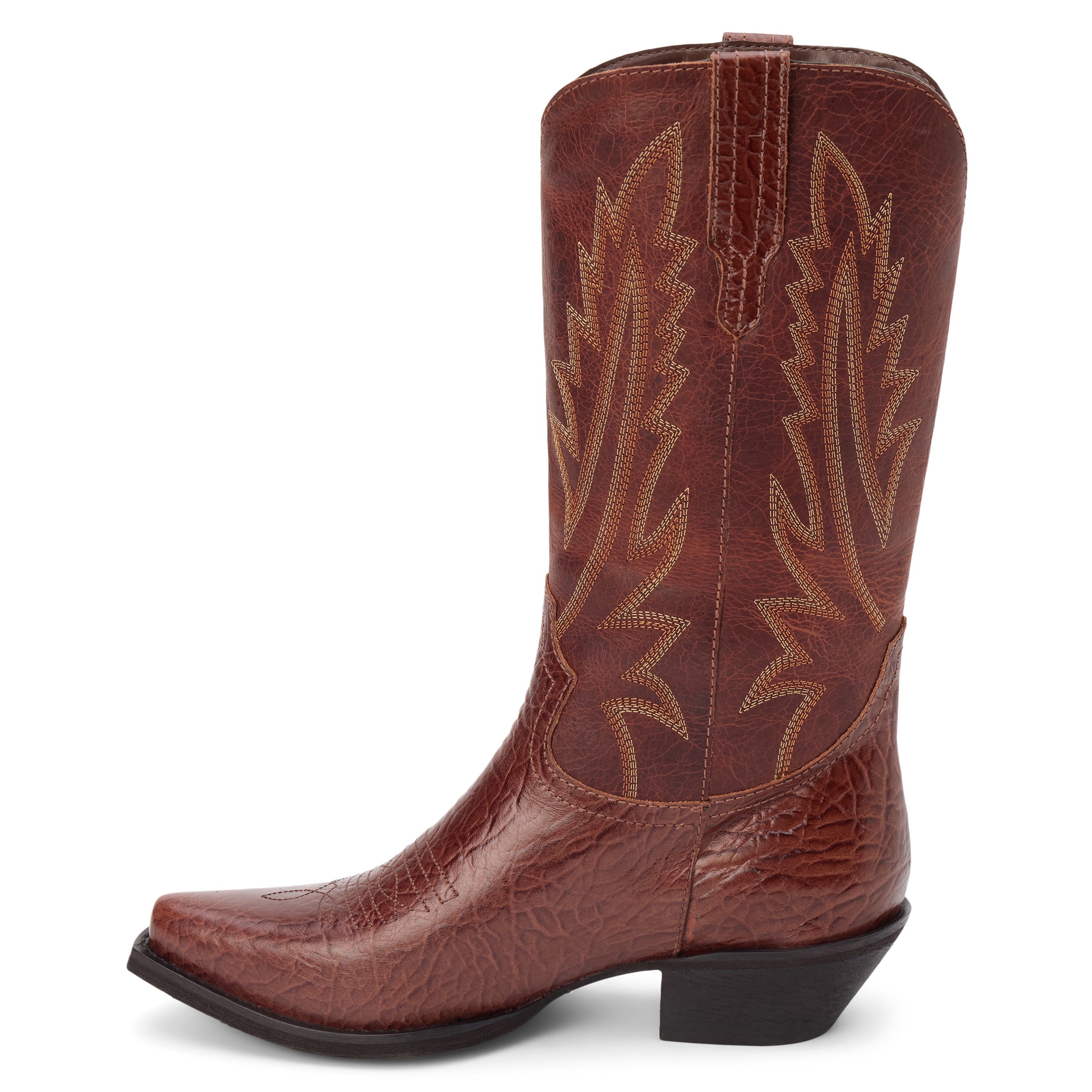Brown leather western boot with a mid-calf shaft, stitched detailing, pointed toe, and angled heel, shown in a side profile on a white background.