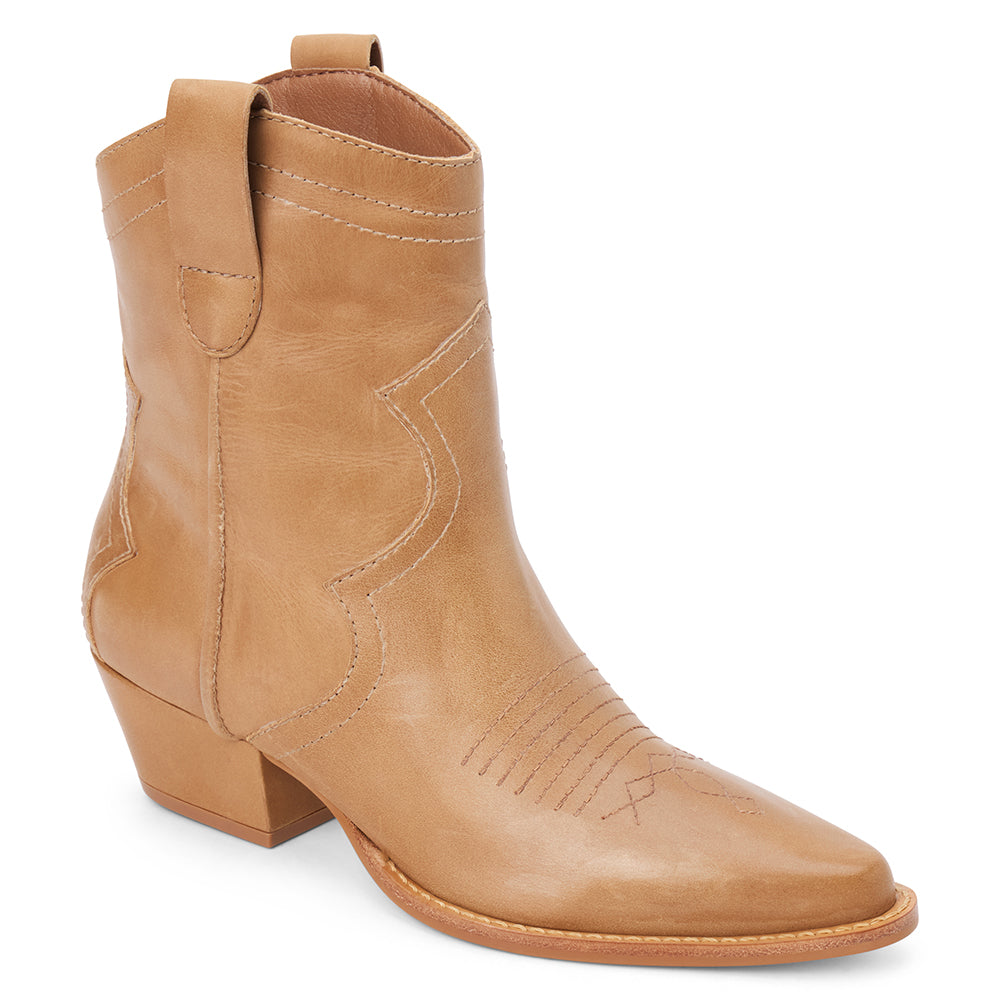 Light brown leather ankle boot with western-inspired stitching, a pointed toe, stacked heel, and pull tab, shown in side profile on a white background.