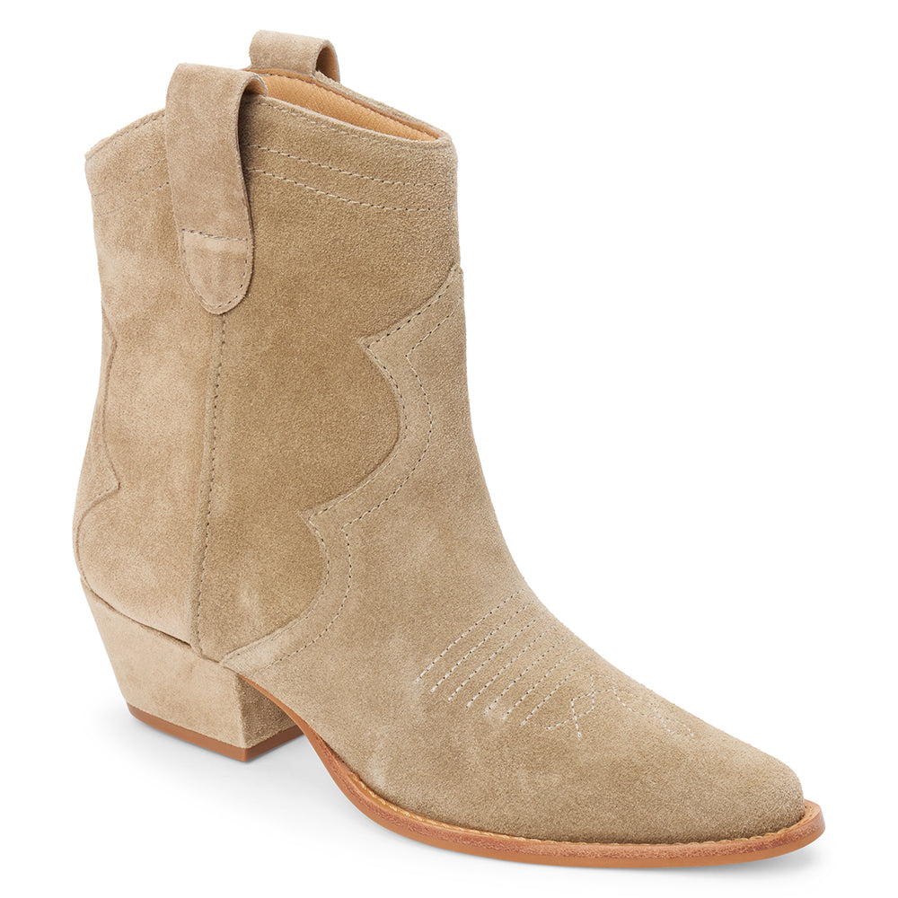 Taupe suede ankle boot with western stitching, a pointed toe, stacked heel, and pull tab, shown in side profile on a white background.