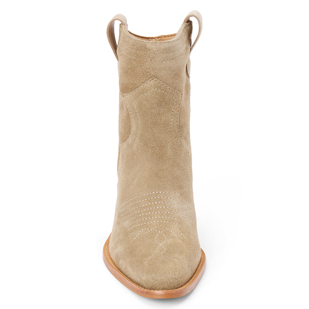 Taupe suede ankle boot with western stitching, a pointed toe, stacked heel, and pull tab, shown in side profile on a white background.