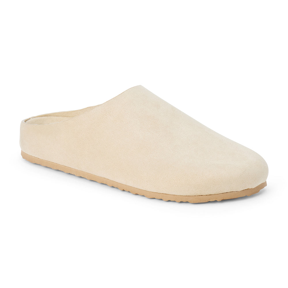Vegan ivory faux suede clog with a smooth closed toe, minimalist upper, open back, and tan low-profile sole shown on a white background.