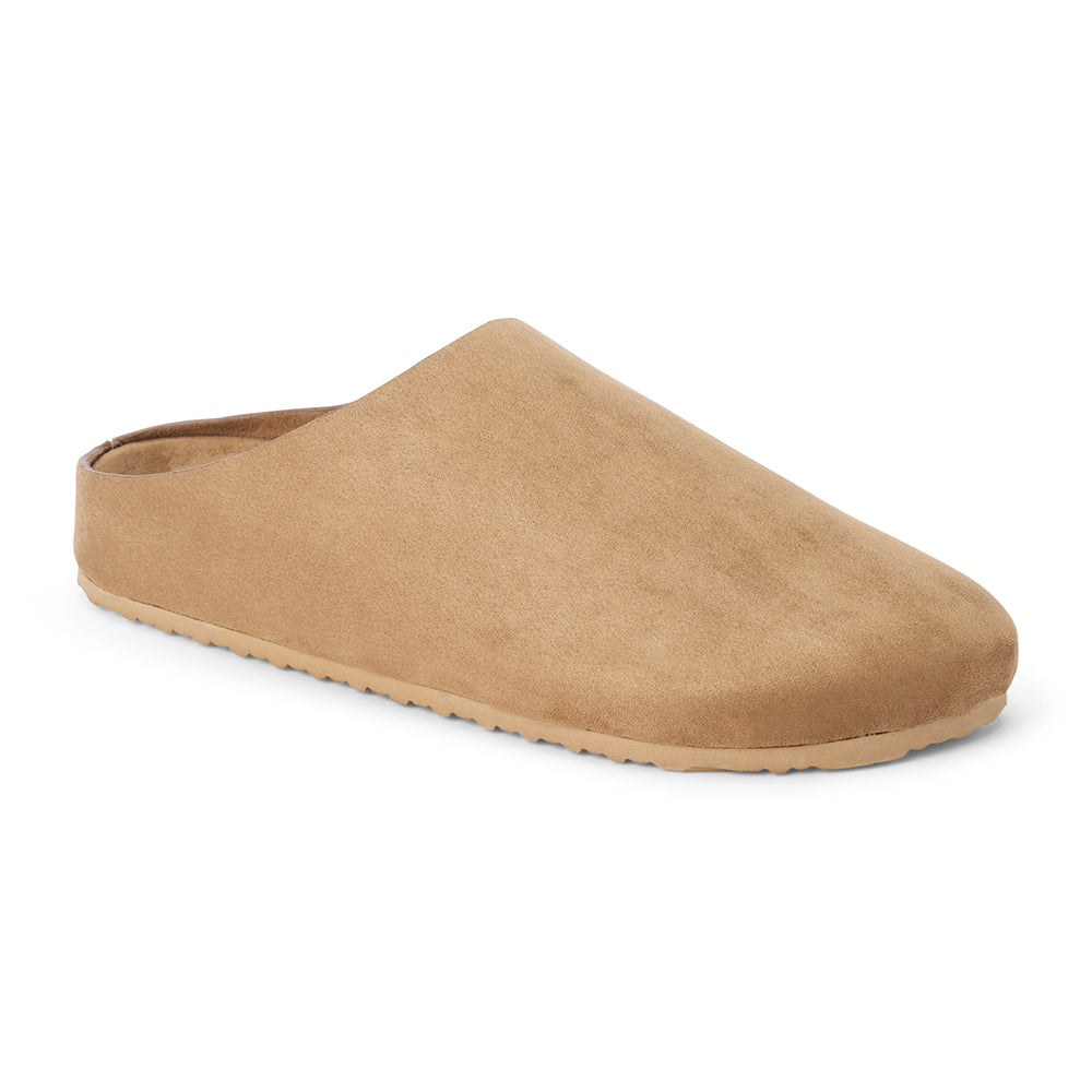 Vegan tan faux suede clog with a smooth closed toe, minimalist upper, open back, and tan low-profile sole shown on a white background.