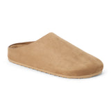 Vegan tan faux suede clog with a smooth closed toe, minimalist upper, open back, and tan low-profile sole shown on a white background.