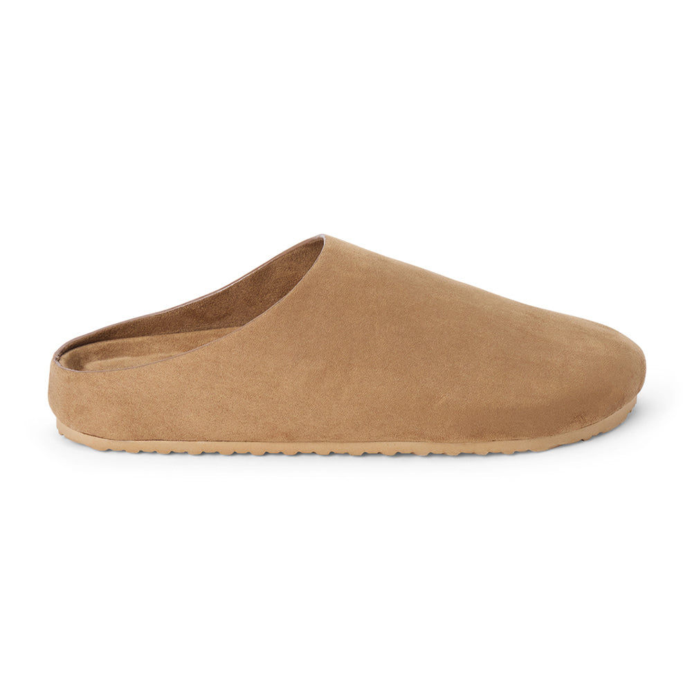 Vegan tan faux suede clog with a smooth closed toe, minimalist upper, open back, and tan low-profile sole shown on a white background.