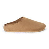Vegan tan faux suede clog with a smooth closed toe, minimalist upper, open back, and tan low-profile sole shown on a white background.