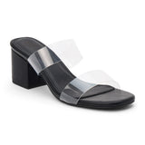 Black block heel sandal with clear PVC straps, open square toe, slip-on mule design, and mid-height heel, shown on a white background.