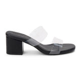 Black block heel sandal with clear PVC straps, open square toe, slip-on mule design, and mid-height heel, shown on a white background.