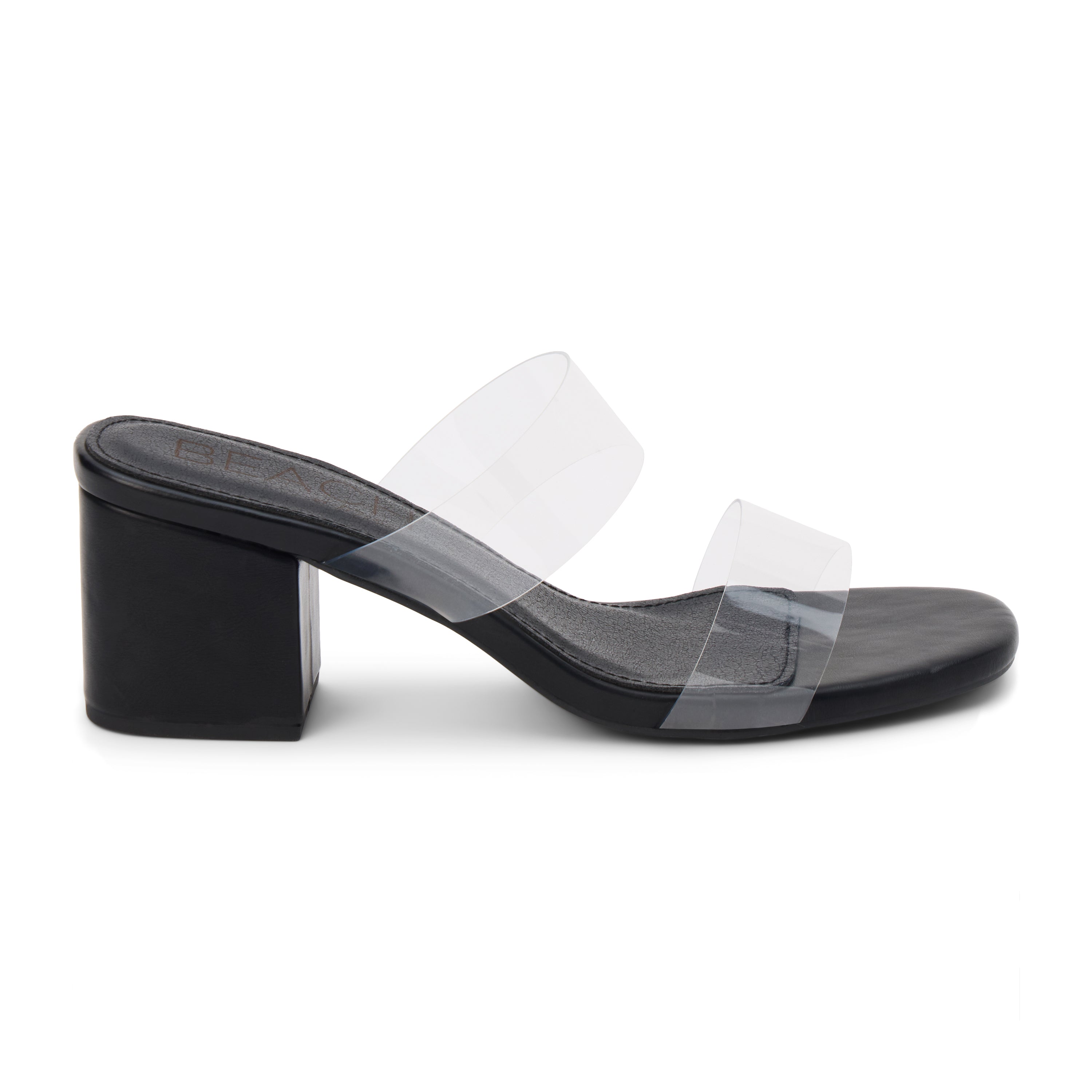 Black block heel sandal with clear PVC straps, open square toe, slip-on mule design, and mid-height heel, shown on a white background.