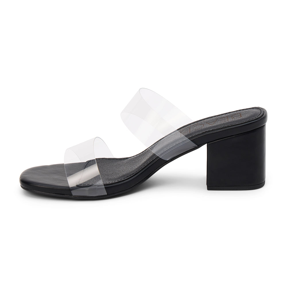 Black block heel sandal with clear PVC straps, open square toe, slip-on mule design, and mid-height heel, shown on a white background.