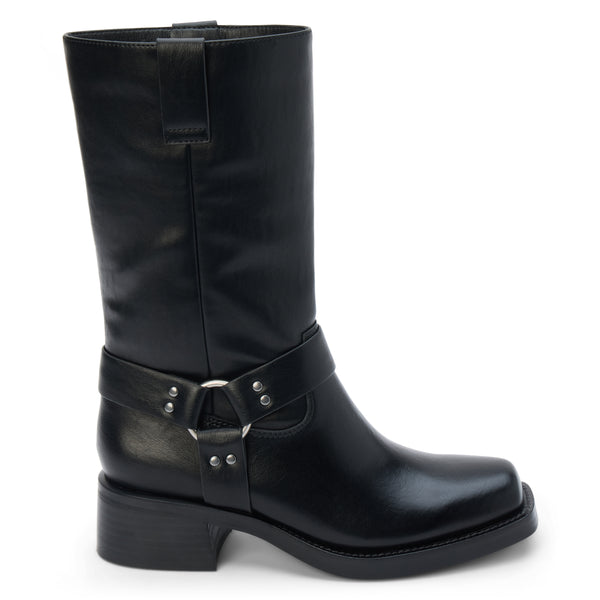 Autumn Moto Boot – Coconuts by Matisse – Black faux leather mid-calf boot with harness strap detailing, square toe, and low leather-stacked heel.