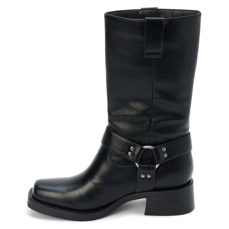 Autumn Moto Boot – Coconuts by Matisse – Black faux leather mid-calf boot with harness strap detailing, square toe, and low leather-stacked heel.