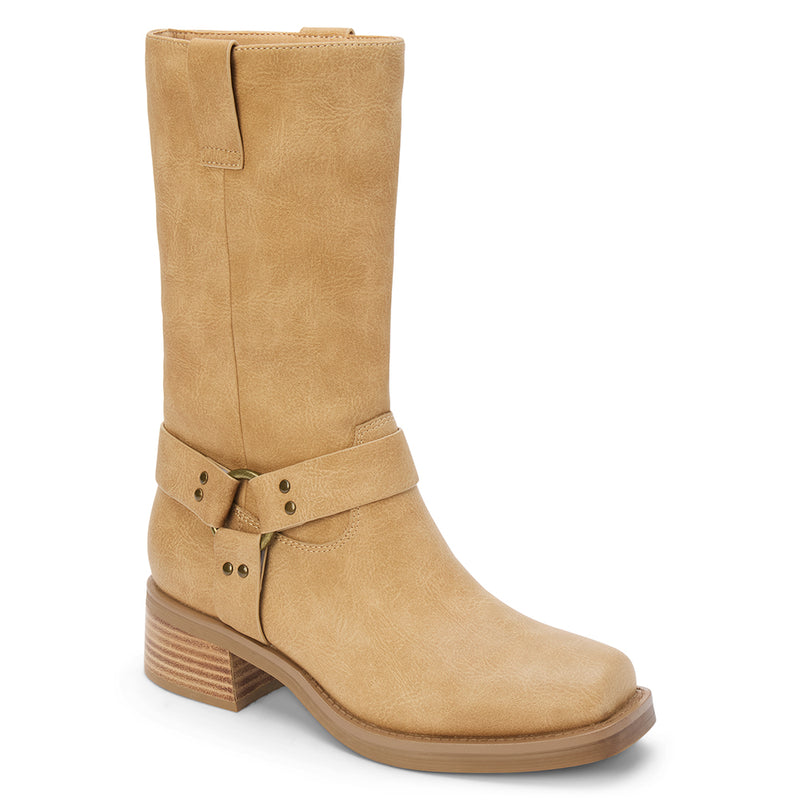 Autumn Moto Boot – Coconuts by Matisse – Beige faux leather mid-calf boot with harness strap detailing, square toe, and low leather-stacked heel.