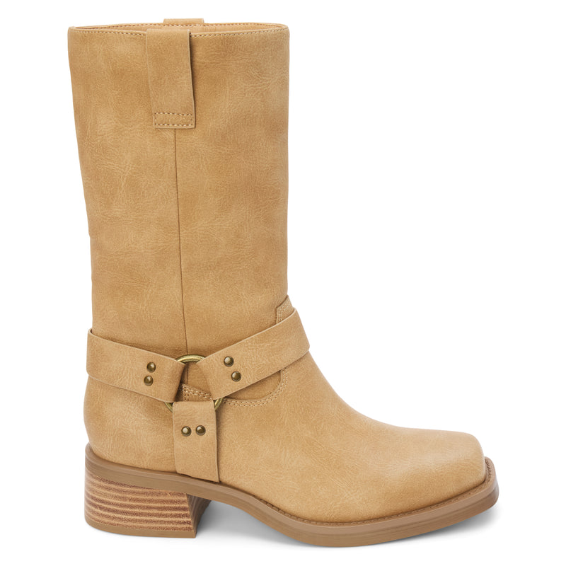 Autumn Moto Boot – Coconuts by Matisse – Beige faux leather mid-calf boot with harness strap detailing, square toe, and low leather-stacked heel.