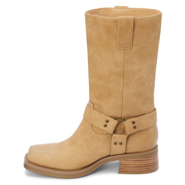 Autumn Moto Boot – Coconuts by Matisse – Beige faux leather mid-calf boot with harness strap detailing, square toe, and low leather-stacked heel.